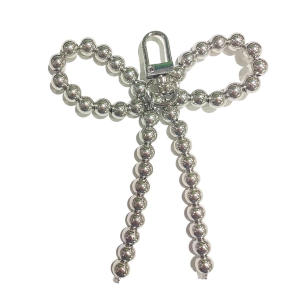 🎀NEW Silver Beaded Bow Bag Charm/ Keychain Key Ring Oversized Cute